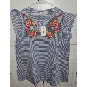 LLove Striped Embroidered Floral Top Blouse Blue White V Neck Cap Sleeve Size L